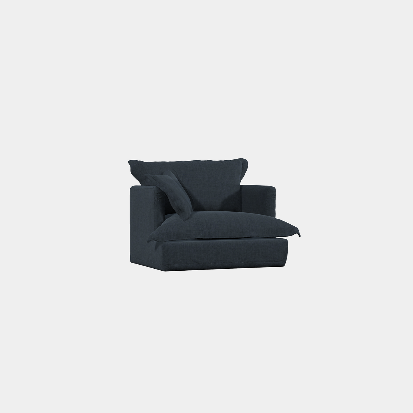 A navy blue armchair with a cushioned backrest, seat, and armrests, presented against a white background.