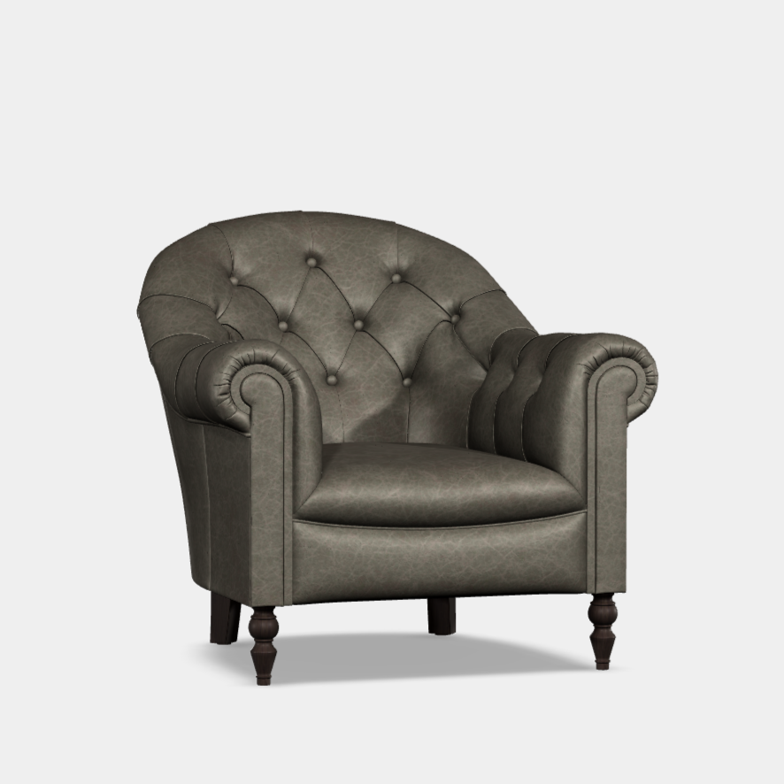 A classic gray upholstered armchair with a plain back, buttoned back option, and turned hardwood feet.