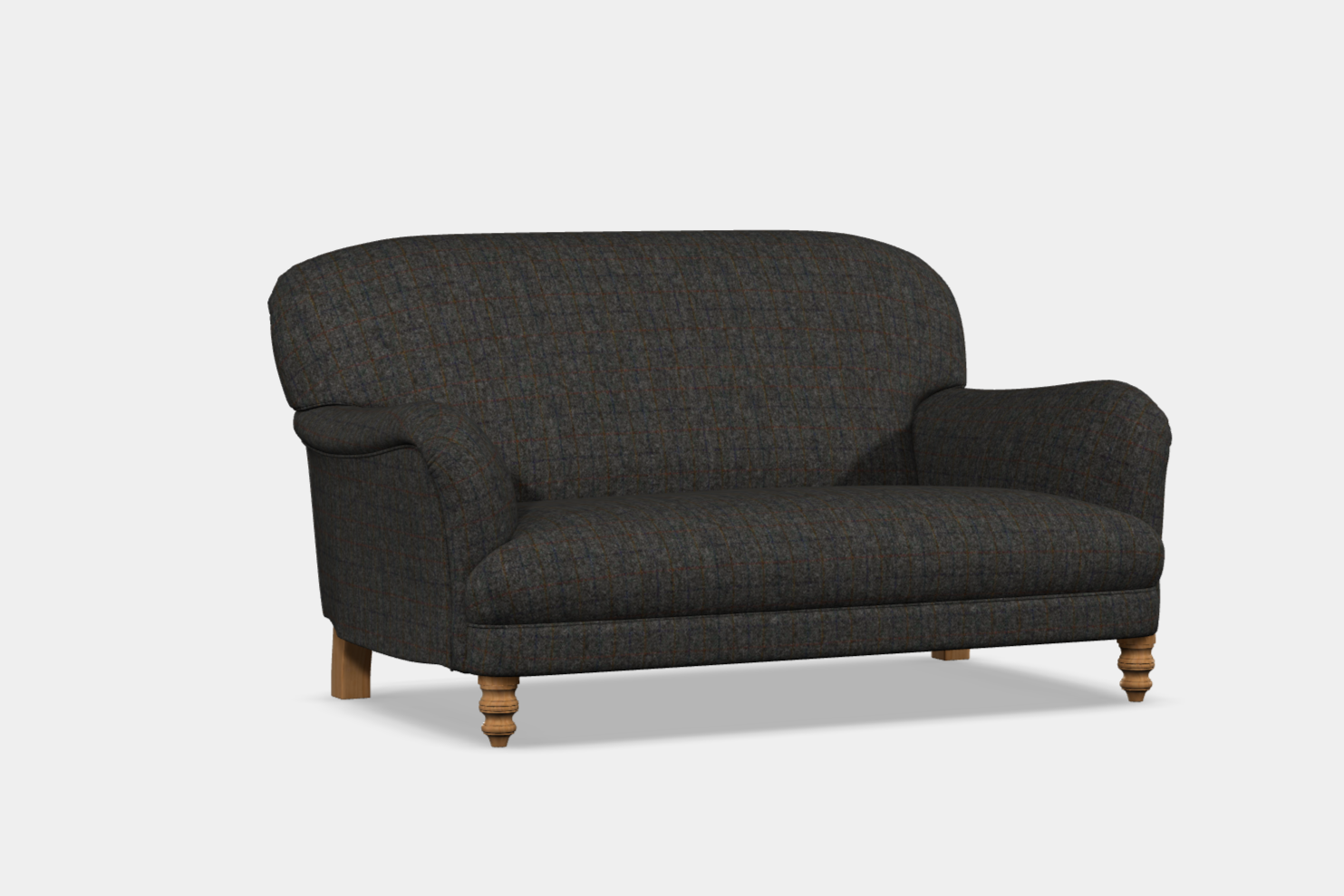 A classic high-back sofa with smooth curves, featuring slim arms and a wooden frame. The sofa is upholstered in a dark fabric with a visible texture.