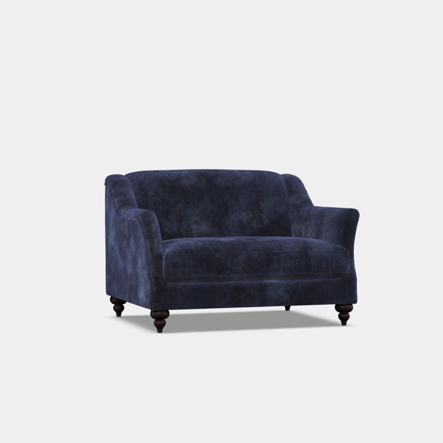 A navy blue upholstered snuggler chair with a sleek, modern design and dark wooden legs.