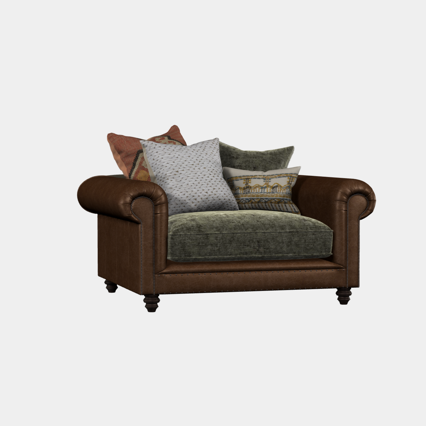 A brown Chesterfield armchair with generous scroll arms, feather-filled seat cushions, and a sprung back. The chair is positioned against a white background.