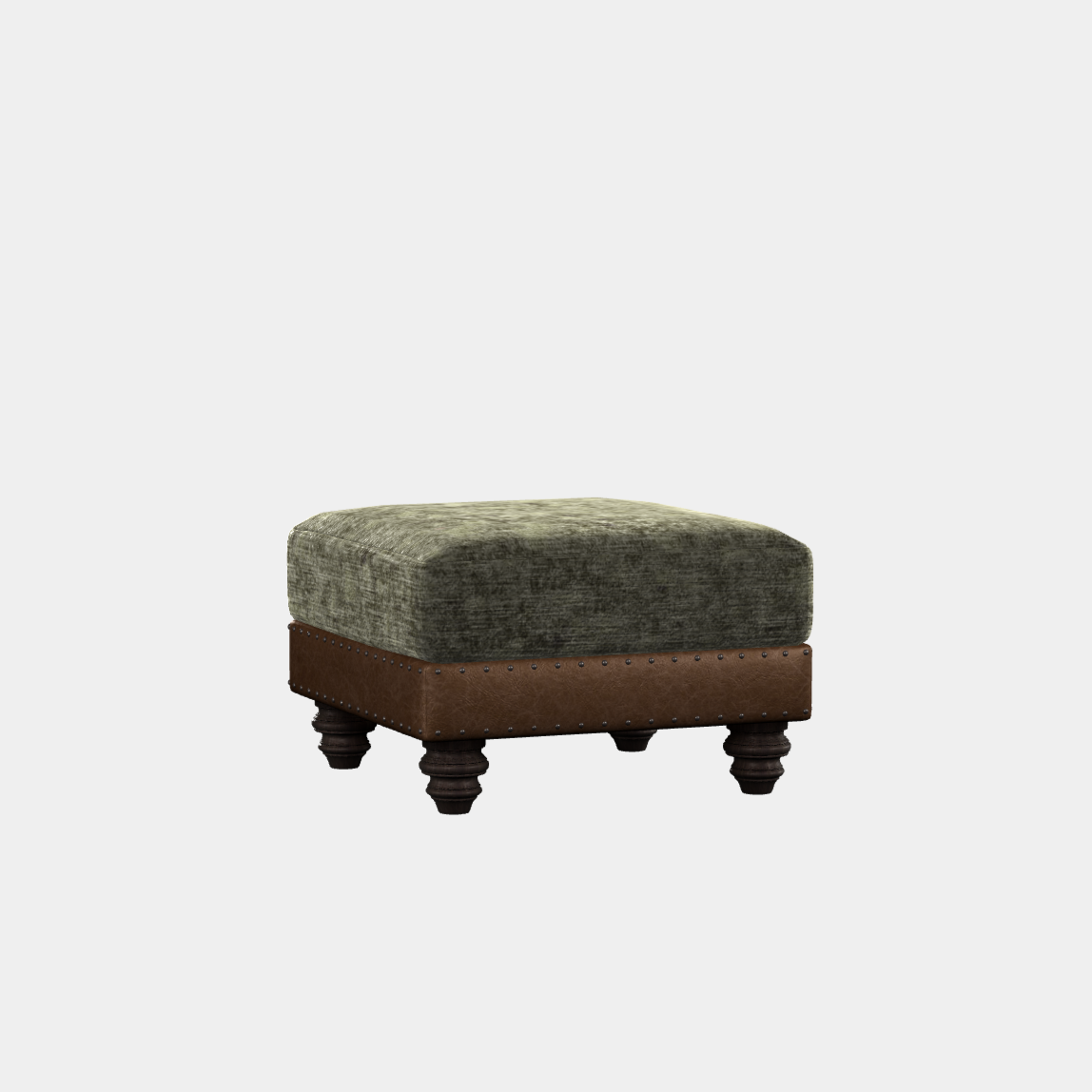 A square-shaped, upholstered stool with a green velvet fabric cushion and a brown leather border, featuring hand studding detail.
