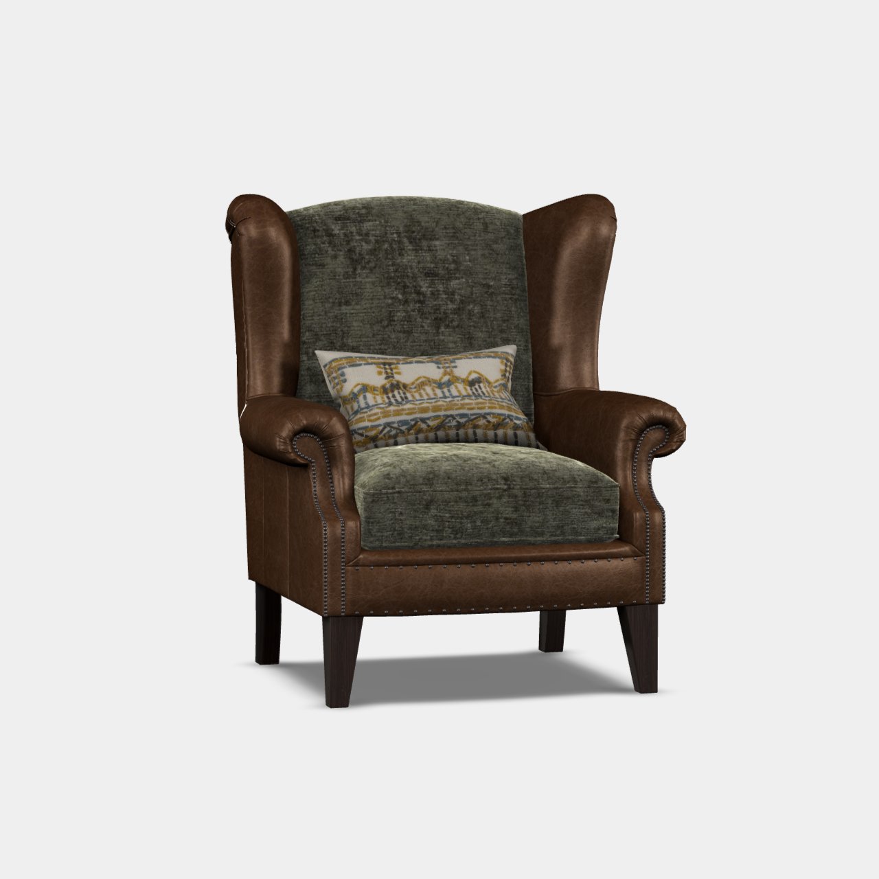 A classic brown wing chair with intricate studding and plush fabric, featuring a feather-filled seat and a sprung back.
