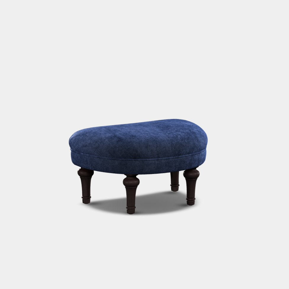A half-moon shaped blue upholstered stool with turned hardwood legs.