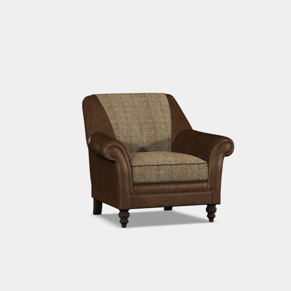 A traditional brown Dalmore accent chair with a softly shaped back and scroll arms, upholstered in a checkered fabric, placed against a white background.