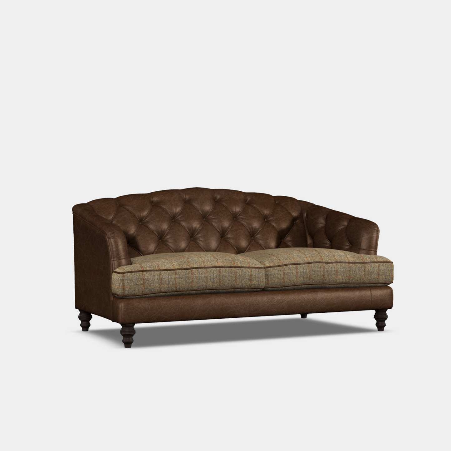 A traditional style sofa with a tufted back and seat cushions, featuring a brown color scheme and wood legs.