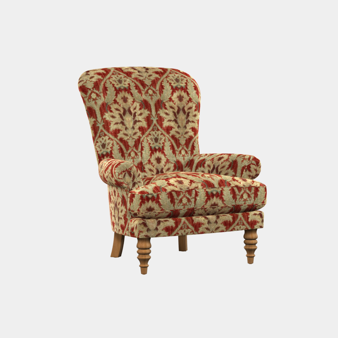 An upholstered Elgar highback chair with a floral pattern in red, green, and beige colors, featuring a wooden frame and feather seat cushions.
