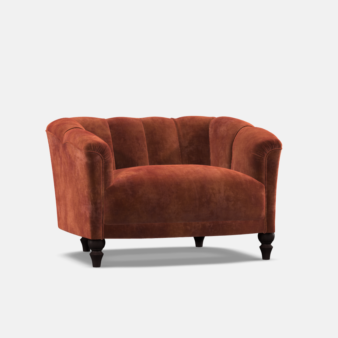 An elegant art deco style sofa with a sculpted silhouette, featuring a pocket sprung fixed seat, webbed back with fluted detail, and turned hardwood legs, in a burnt orange fabric.