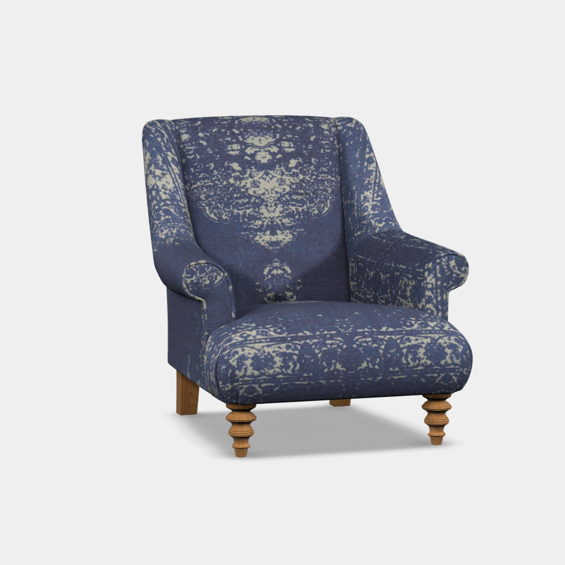A blue upholstered armchair with a floral pattern, featuring a wooden frame and armrests.