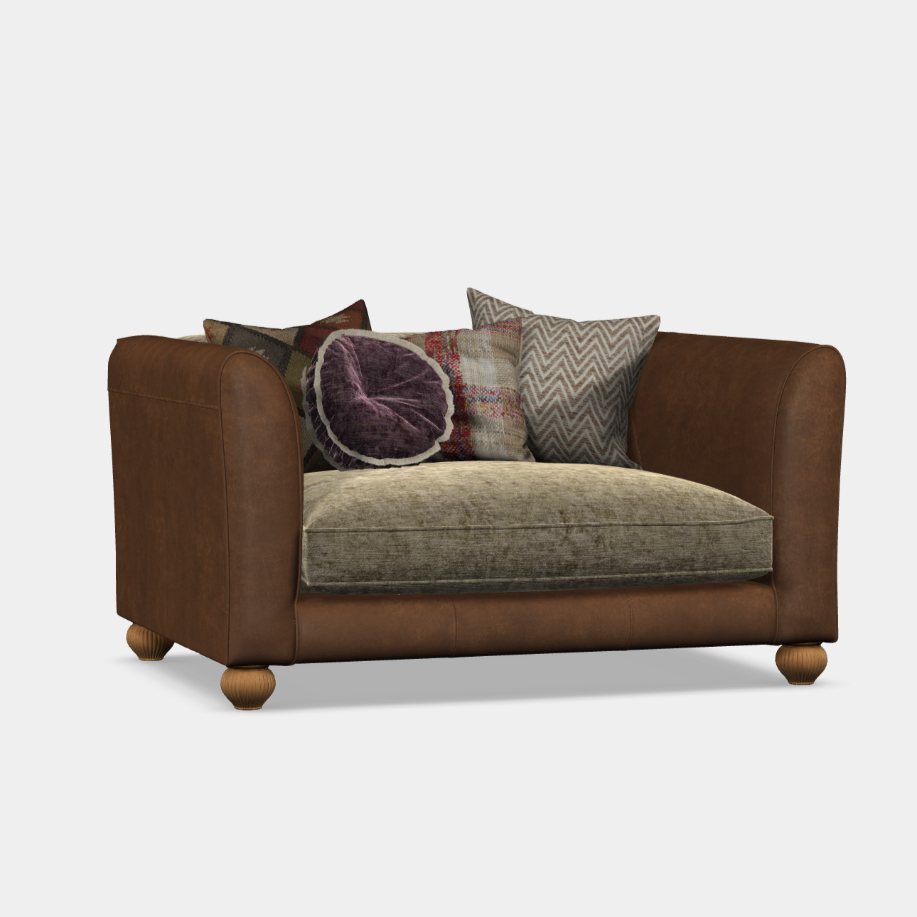 A brown leather loveseat with a comfortable backrest and seat, accompanied by a variety of colorful cushions.