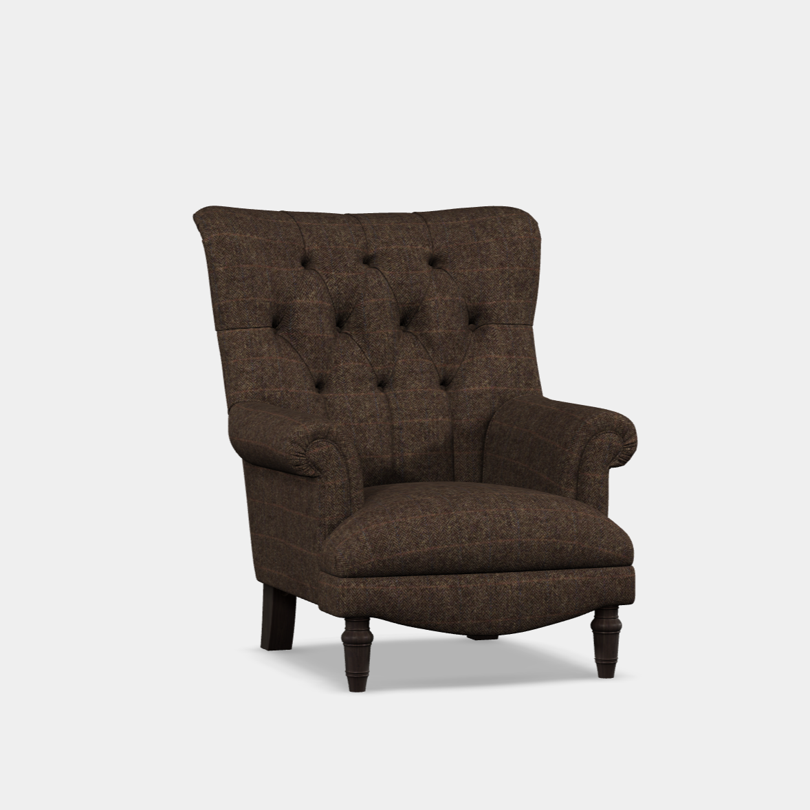A brown leather regency style chair with a high back, elegant scroll arms, and turned wooden legs.