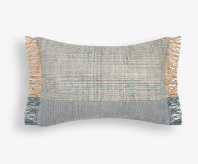 Large Blue/Beige Fringed Lumbar Cushion