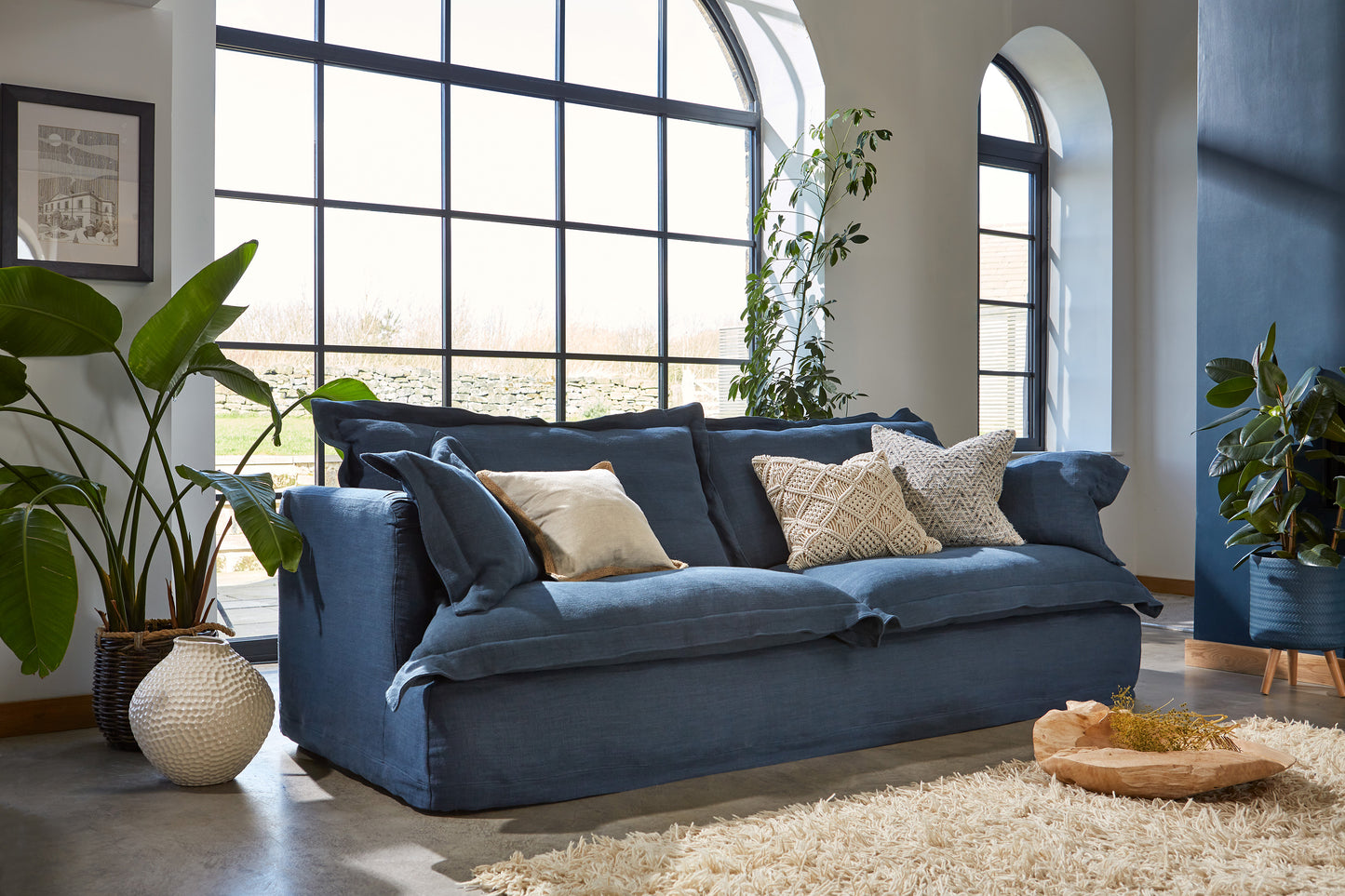 Tetrad Ava Grand loose cover sofa collection in Beatrice Wedgewood. Blue fabric sofa. Available in other sizes.