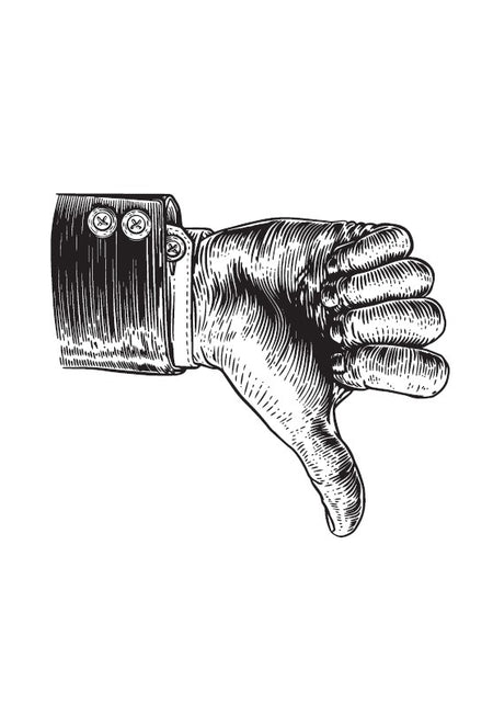 Black and white illustration of a glove giving a thumbs down gesture on a white background